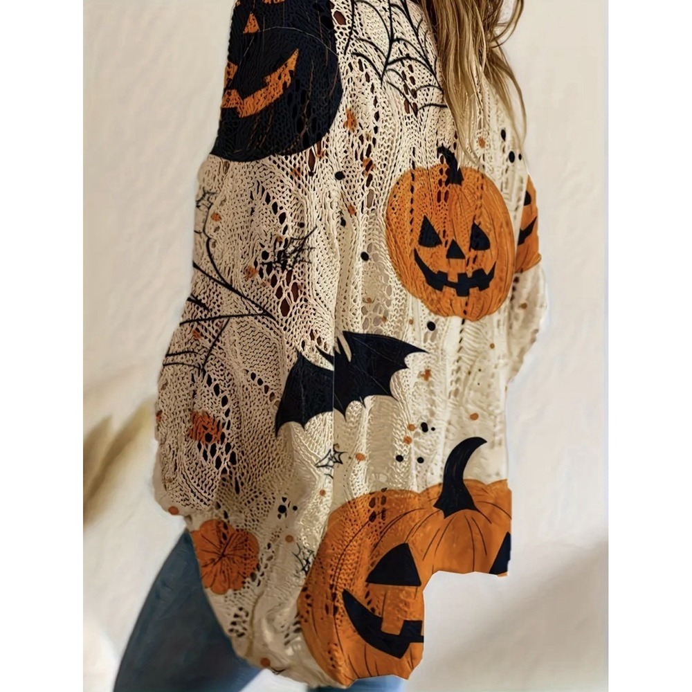 Halloween Pumpkin Bat Hollowed-Out Sweater, Loose Batwing Lazy Style Top New - Picture 2 of 9